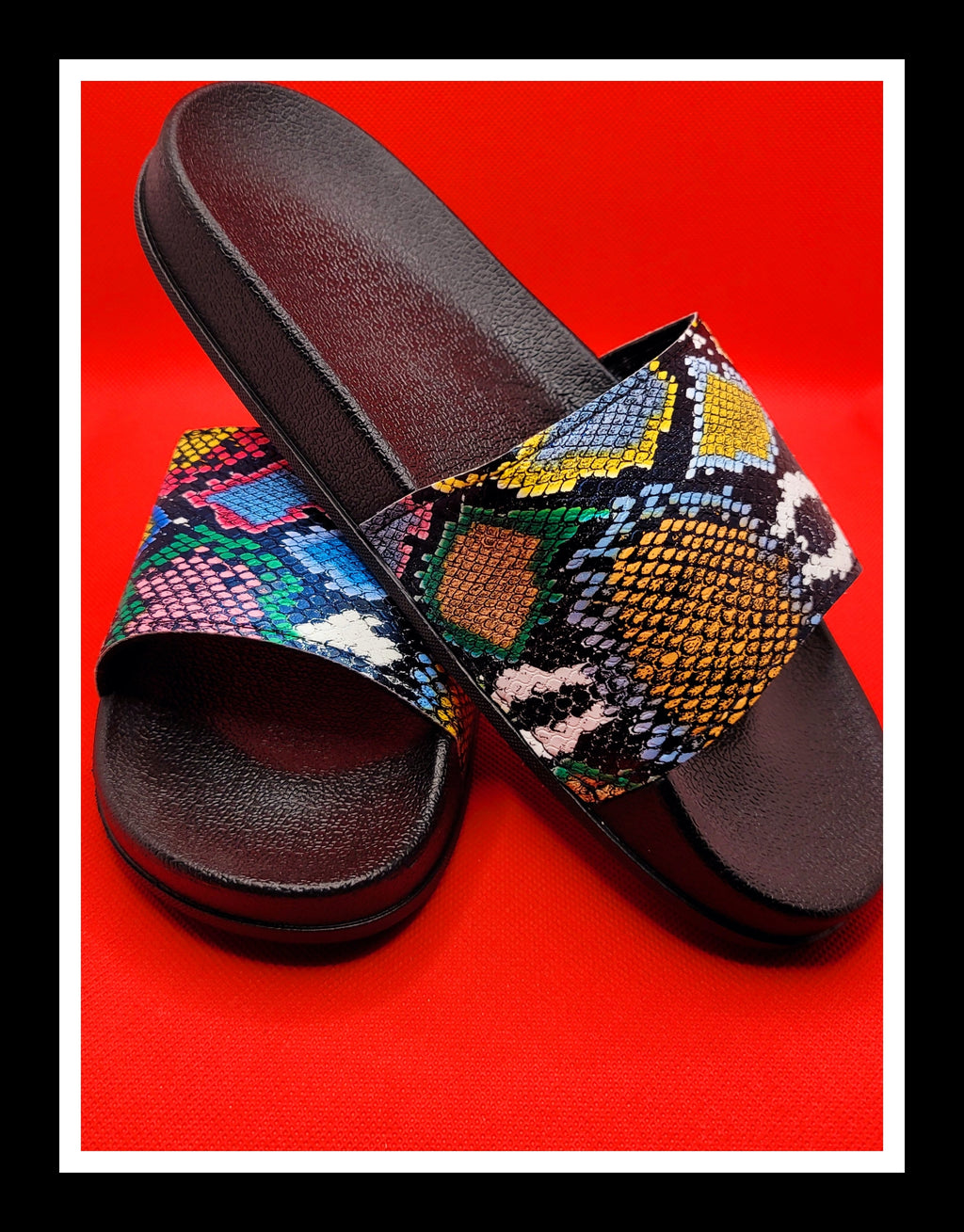 Designer snakeskin print slides